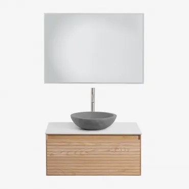 Conjunto De Móvel De Casa De Banho Suspenso Em Madeira De Freixo Tedrik Castanho Fresno & Cimento Cinzento Redondo Ø40 Cm Tarsis & Led - Sklum