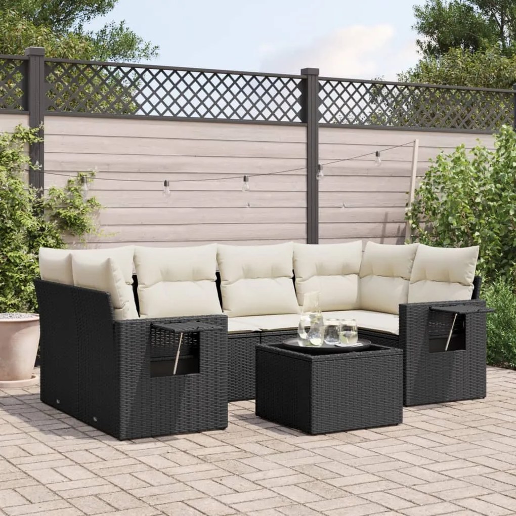 vidaXL 7 pcs conjunto de sofás p/ jardim c/ almofadões vime PE preto