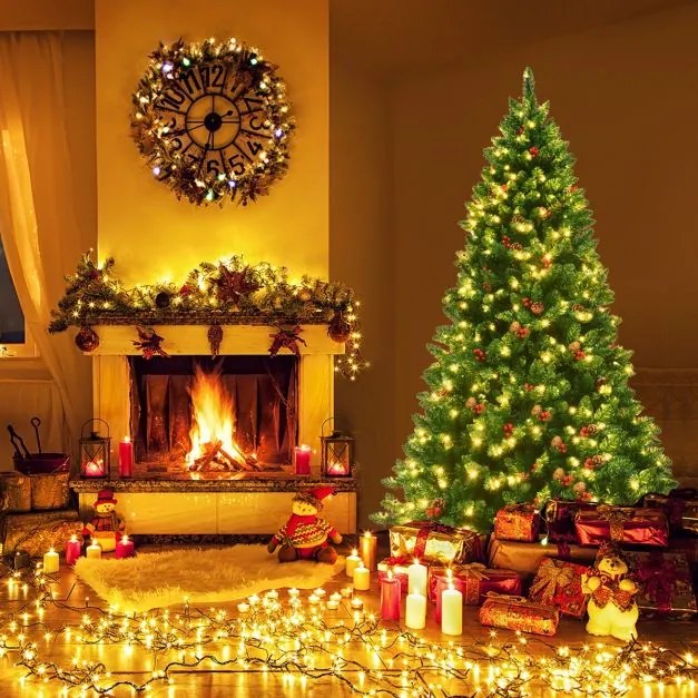 Árvore de Natal iluminada de 2 m com 1100 ramos de pinhas decorativas e bagas vermelhas para casa, escritório, lojas e hotéis Verde