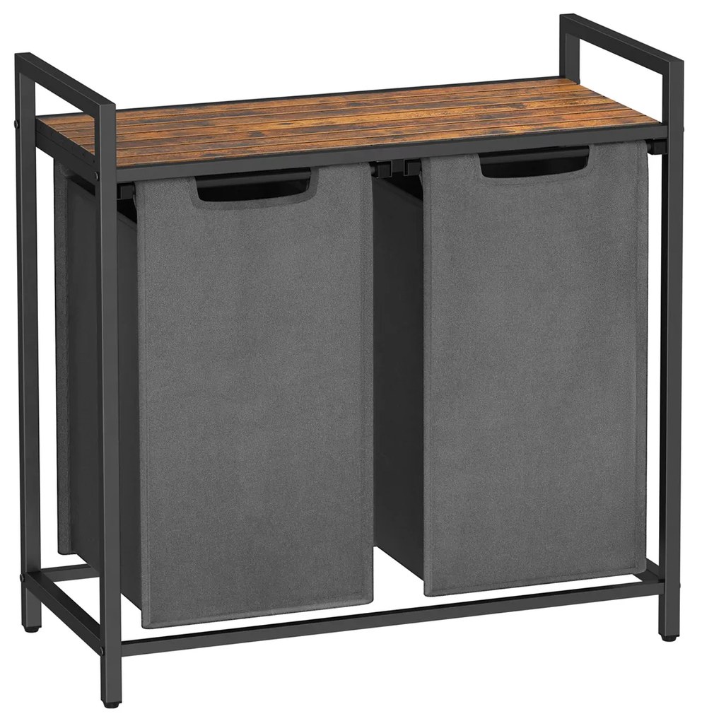 Cesto de roupa suja VASAGLE, cesto de roupa suja com 2 compartimentos, tecido Oxford, sacos de lavagem removíveis e removíveis, estrutura de metal, 2 x 46L, 73 x 33 x 72 cm, marrom rústico e cinza BLH201G01