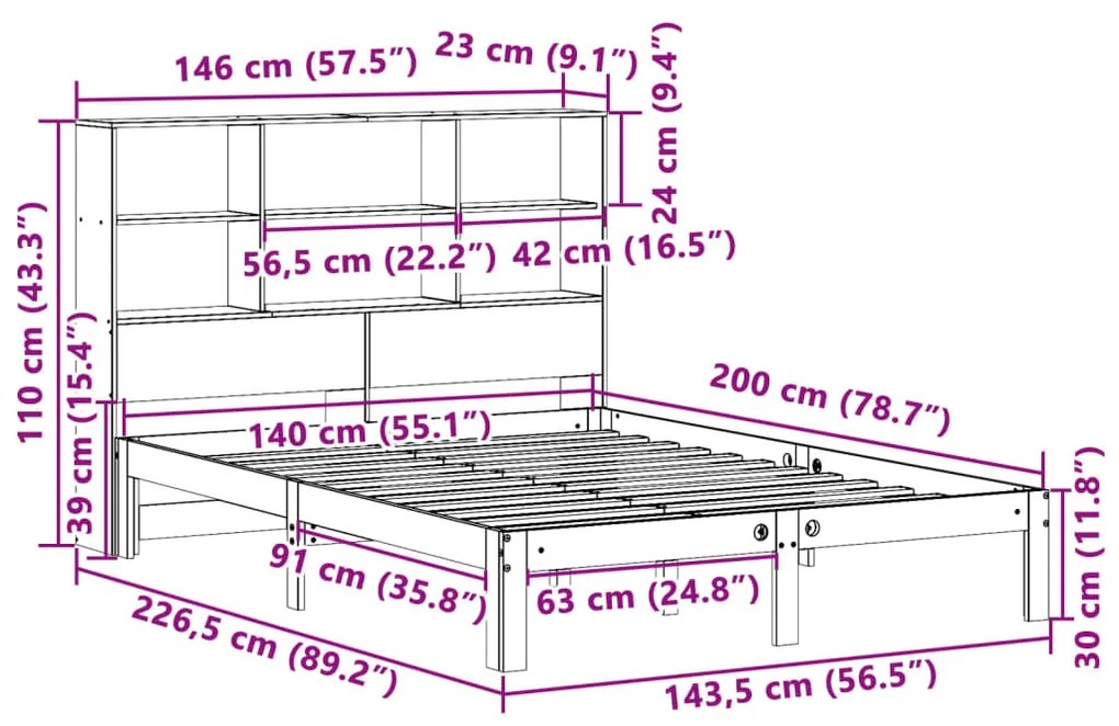 Cama com estante sem colchão 140x200 cm pinho maciço