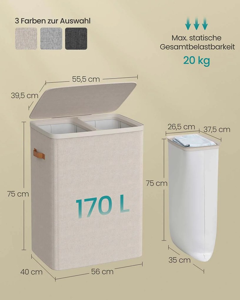 Cesto para roupa suja 170 L com 2 compartimentos 56 x 40 x 75 cm bege cappuccino