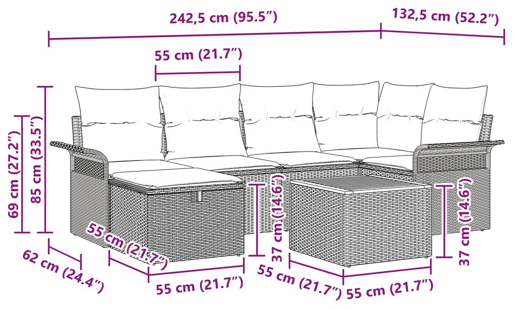 Conjunto de 7 Peças de Sofá de Jardim com Almofadas Bege de Rattan Pol