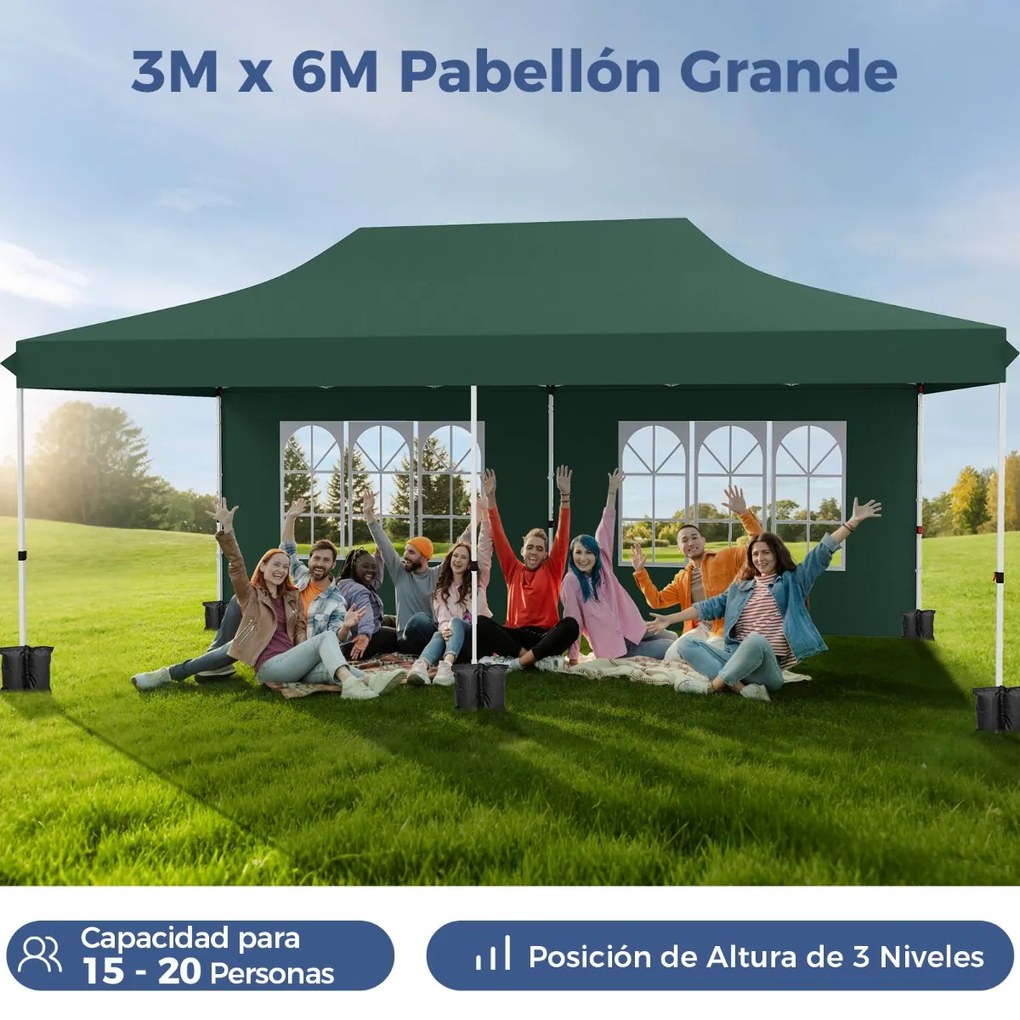 Tenda jardim, festas, eventos de 600 x 300 cm com 6 paredes laterais removíveis, com 6 pesos com bolsa de transporte Verde