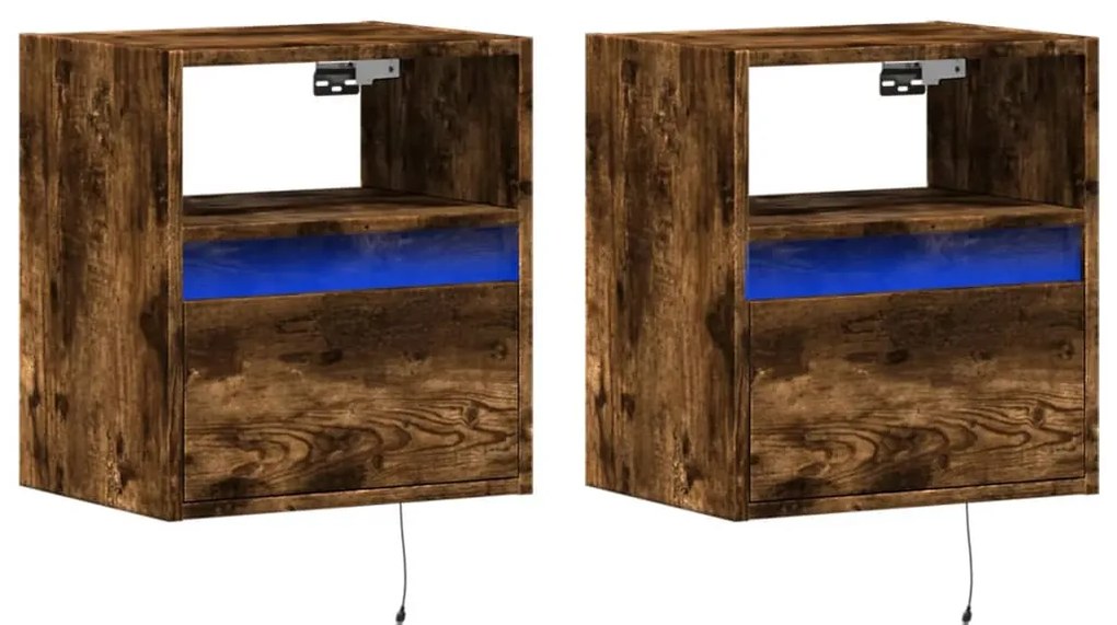 Mesas de cabeceira de parede com luzes LED 2pcs carvalho fumado
