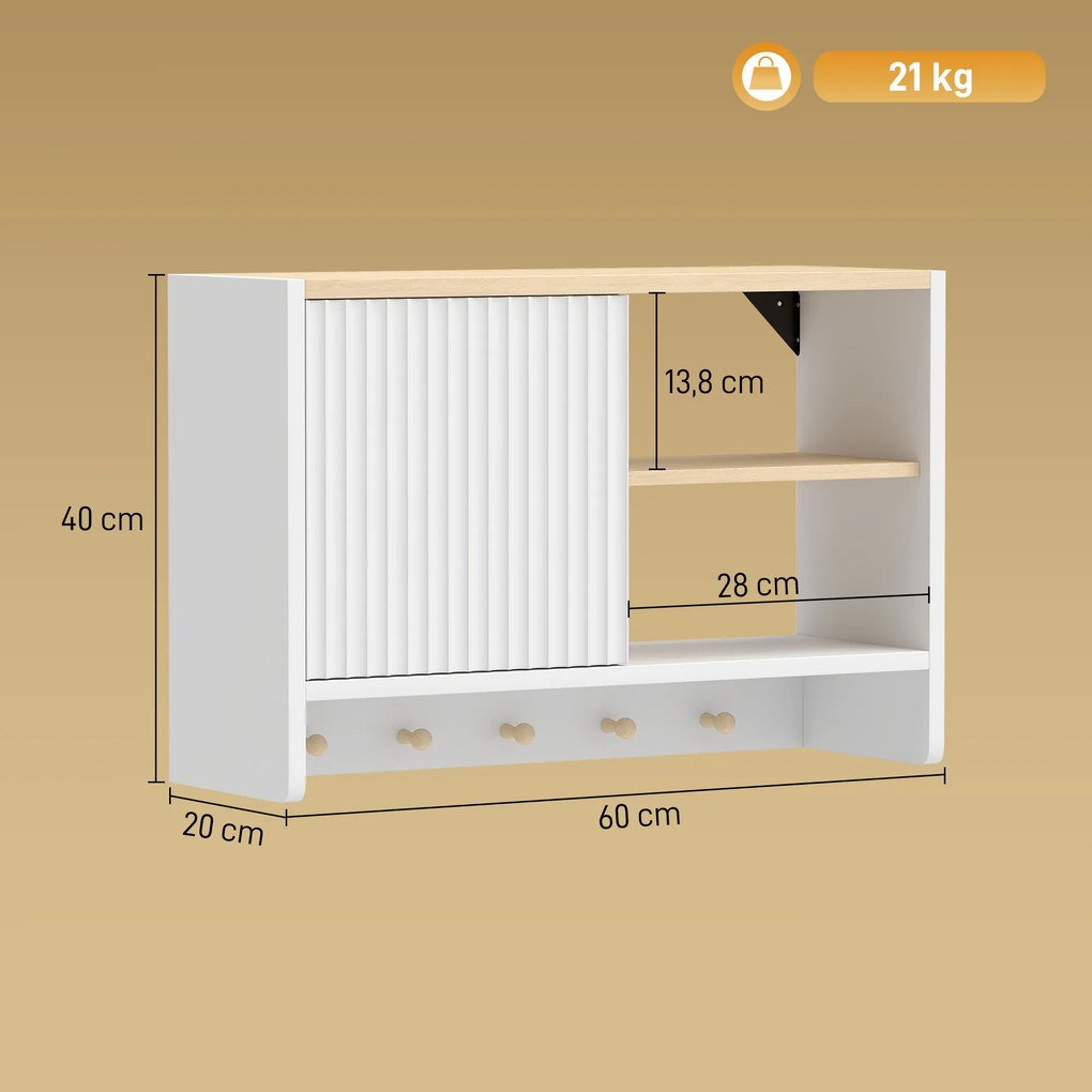 Armário de parede para casa de banho 60 (L) x 20 (P) x 40 (A) cm, móvel de arrumação para casa de banho com porta, prateleiras abertas e 5 ganchos bra