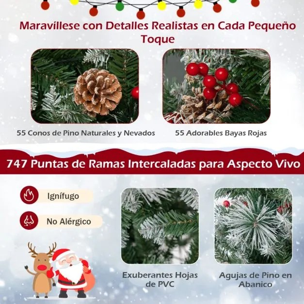 Árvore de Natal pré-iluminada de 185 cm com 747 pontas de ramos, 350 luzes LED, 55 pinhas e 55 bagas vermelhas