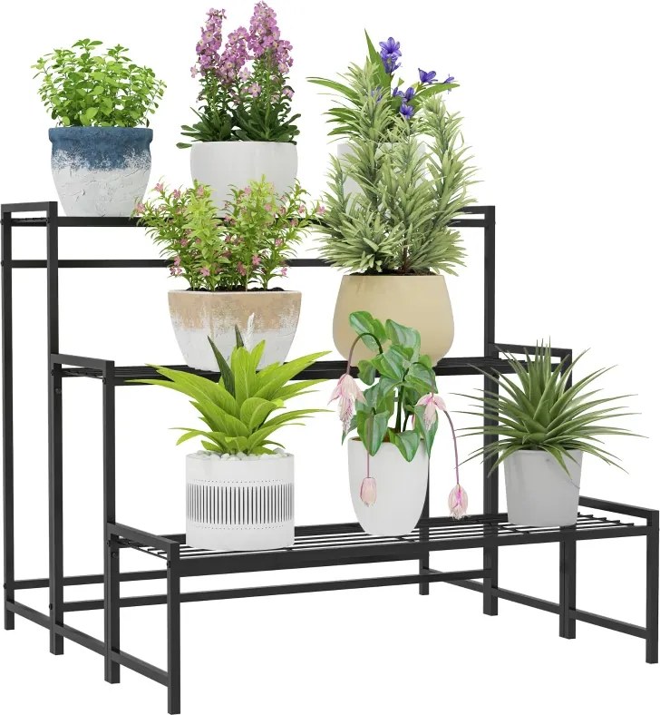 Suporte para Plantas de Três Níveis com Design em Escada e Estrutura Metálica Resistente para Interior e Exterior Preto