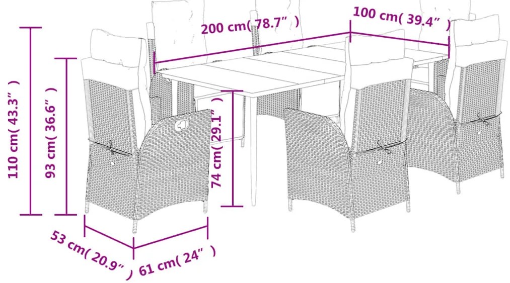 7 pcs conj. jantar jardim c/ almofadões vime PE bege misturado