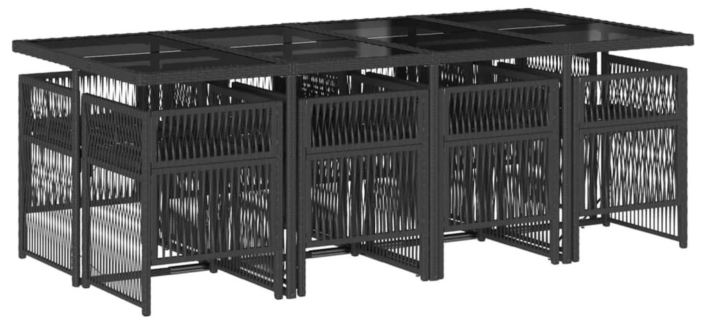 9 pcs conjunto de jantar p/ jardim c/ almofadões vime PE preto