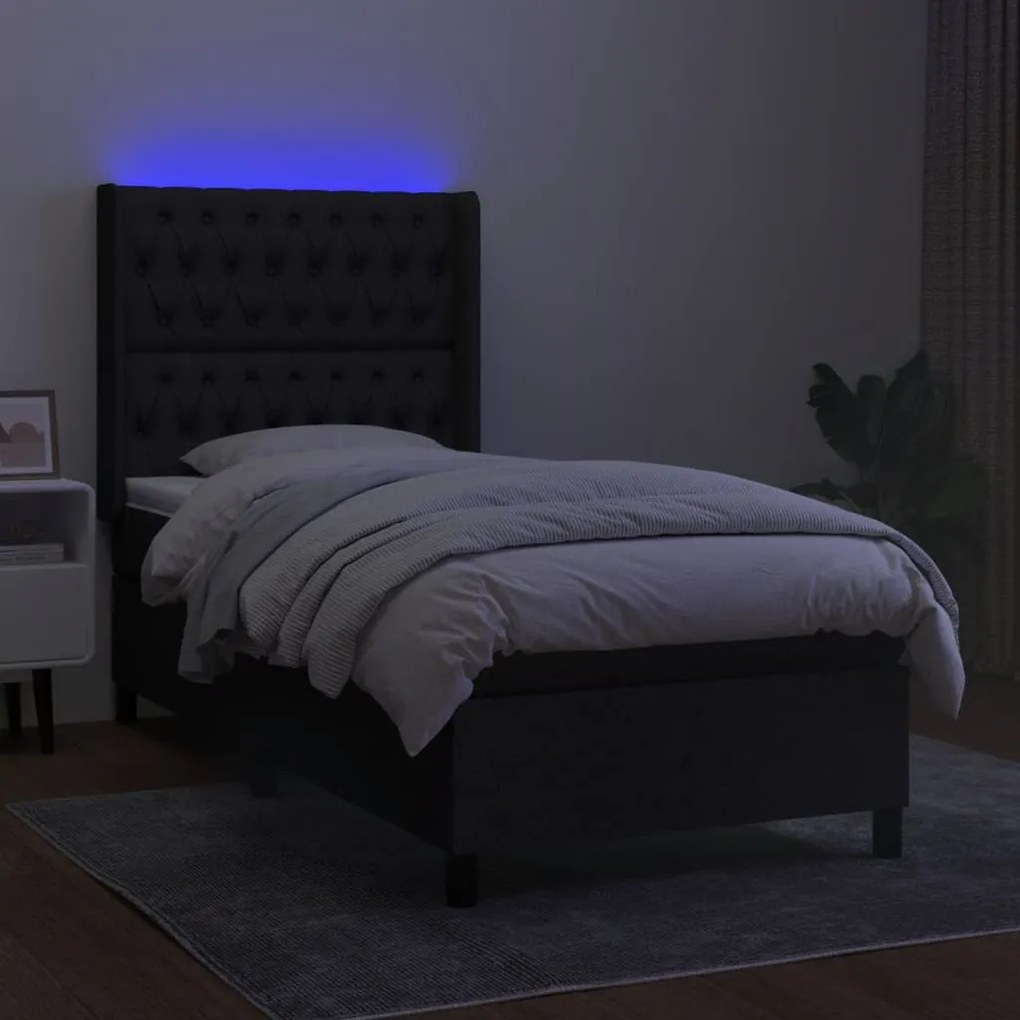 Cama box spring c/ colchão e LED 90x190 cm tecido preto