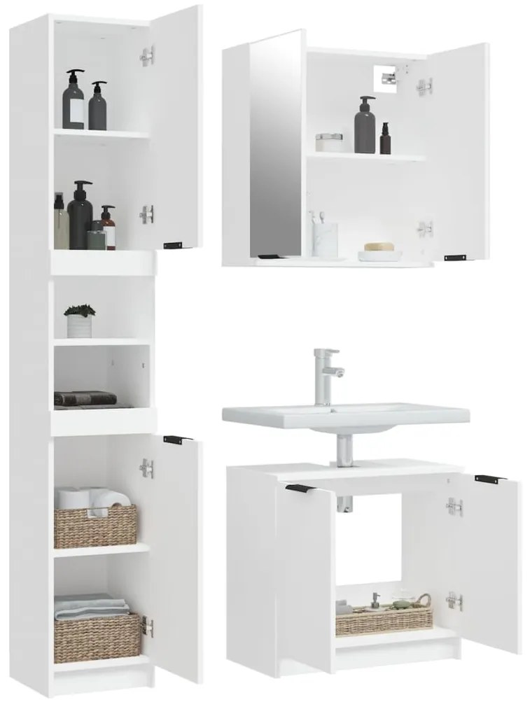 3 pcs conjunto móveis casa de banho madeira processada branco