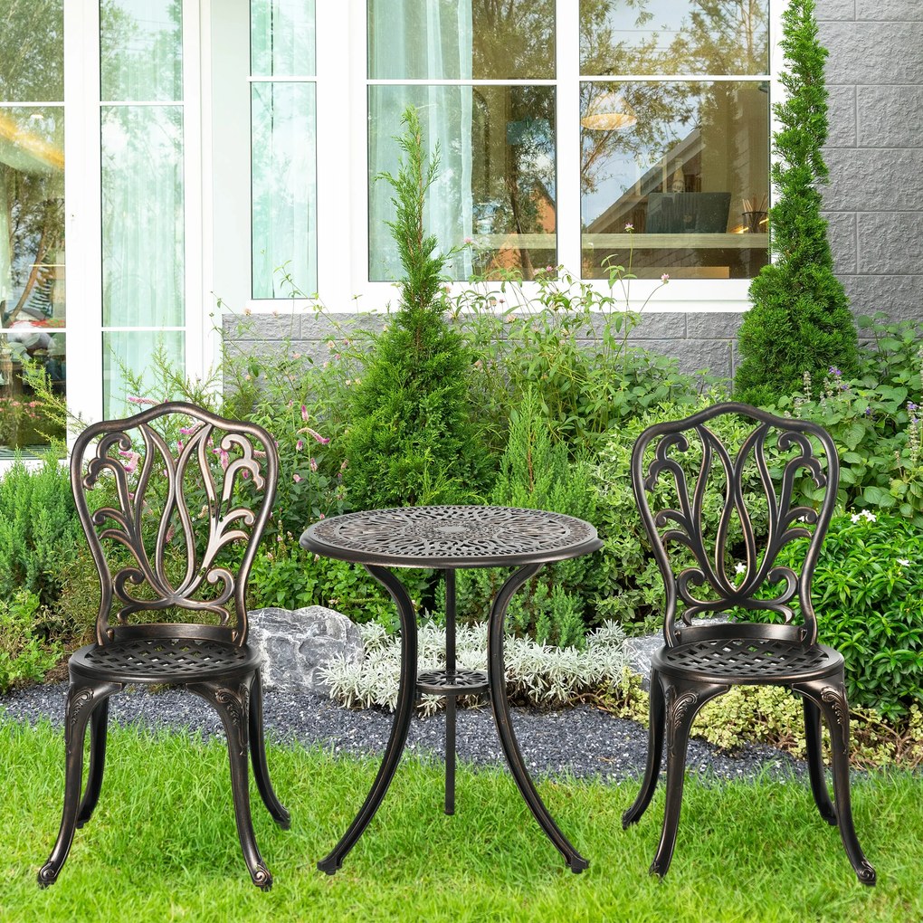 Conjunto de jardim de 2 lugares com 2 cadeiras + mesa redonda em estilo retro, em alumínio fundido e bronze