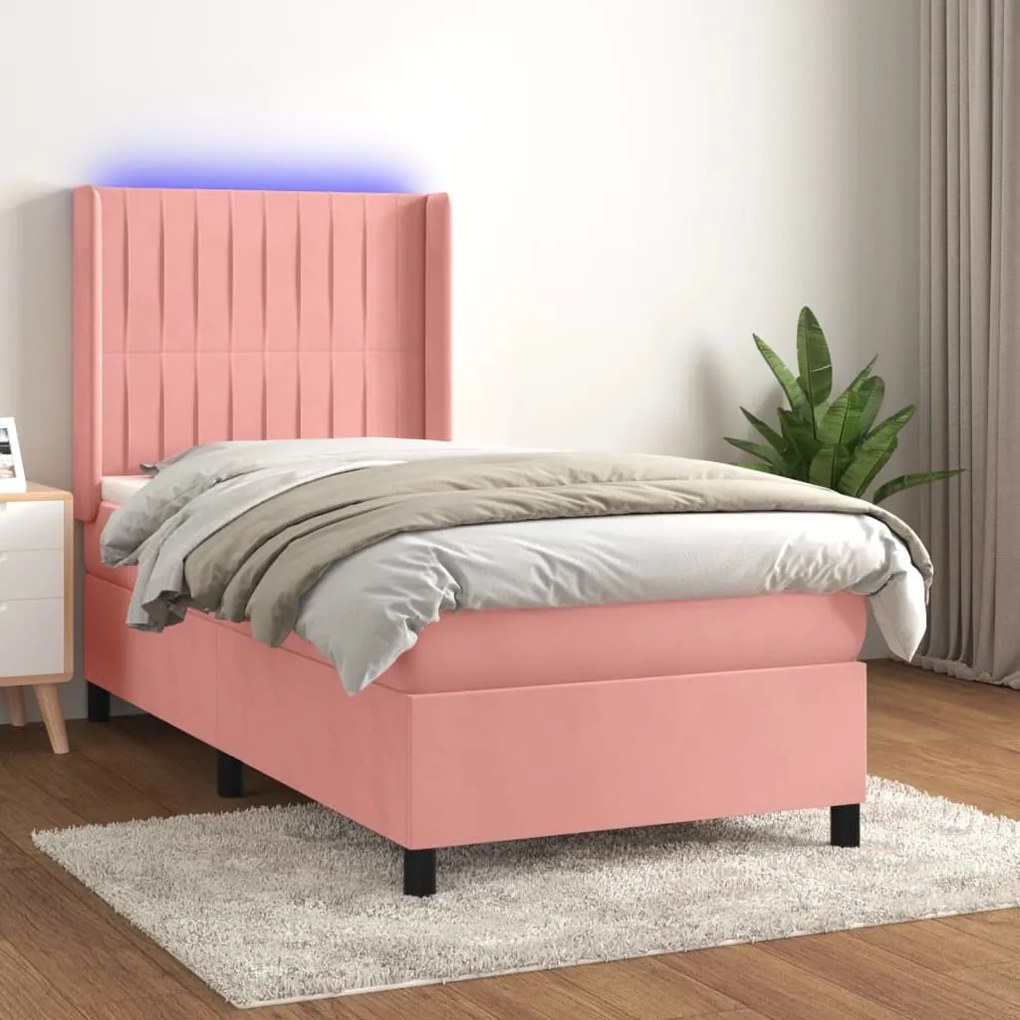 Cama box spring c/ colchão/LED 90x190 cm veludo rosa