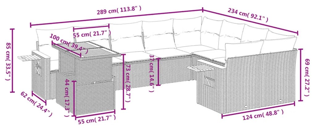 10 pcs conjunto de sofás p/ jardim com almofadões vime PE bege