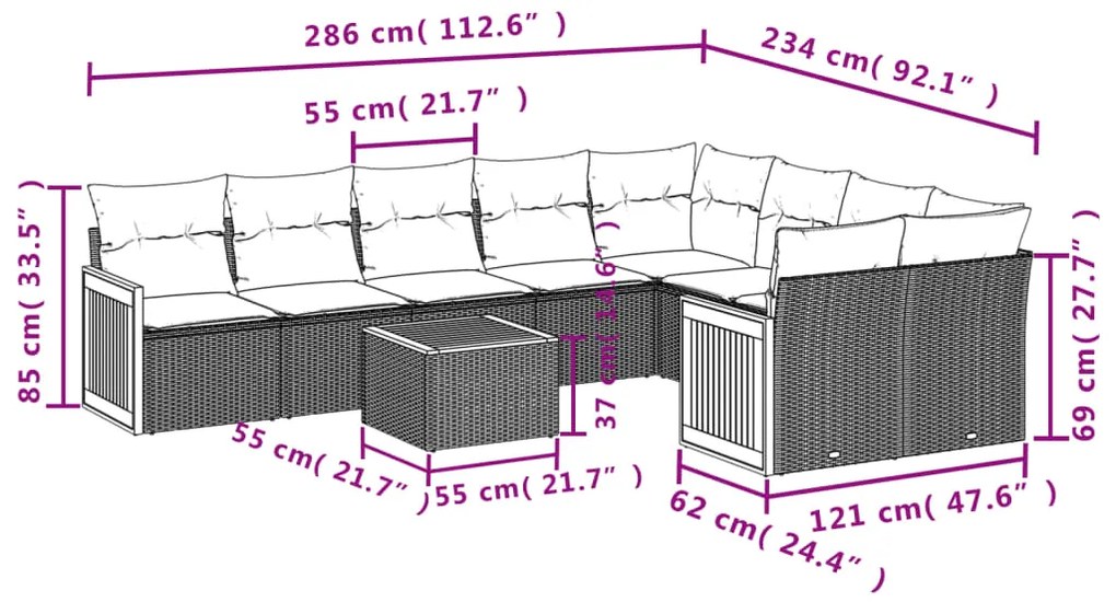 10 pcs conjunto sofás de jardim c/ almofadões vime PE cinzento