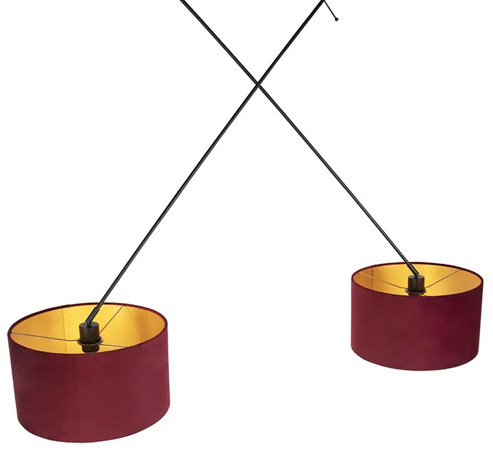 Candeeiro de suspensão preto com abajures de veludo vermelho e dourado 35 cm 2 luzes - Blitz Clássico / Antigo