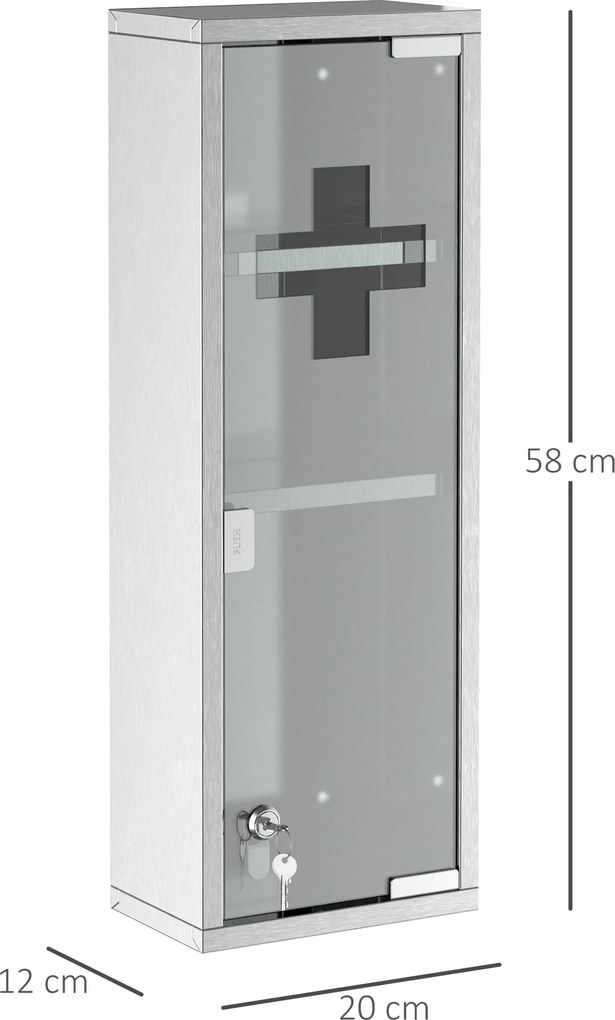 Armário medicamentos com 2 prateleiras e 3 níveis, 20 L x 12 L x 58 A cm, porta em vidro temperado, em aço inoxidável