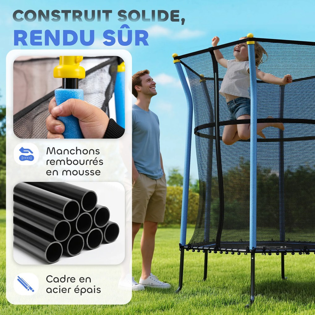 Trampolim infantil Ø 1,63 x 1,9 m com rede de segurança, porta com fecho de correr e 6 postes almofadados incluídos, azul e preto