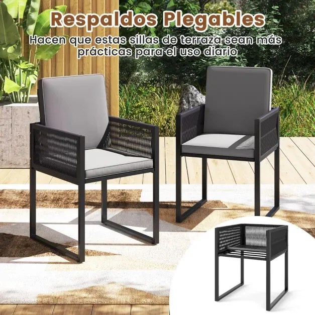 Conjunto de móveis de jardim em rattan PE de 5 peças com pufes, almofadas e mesa de café em madeira acácia cinzento