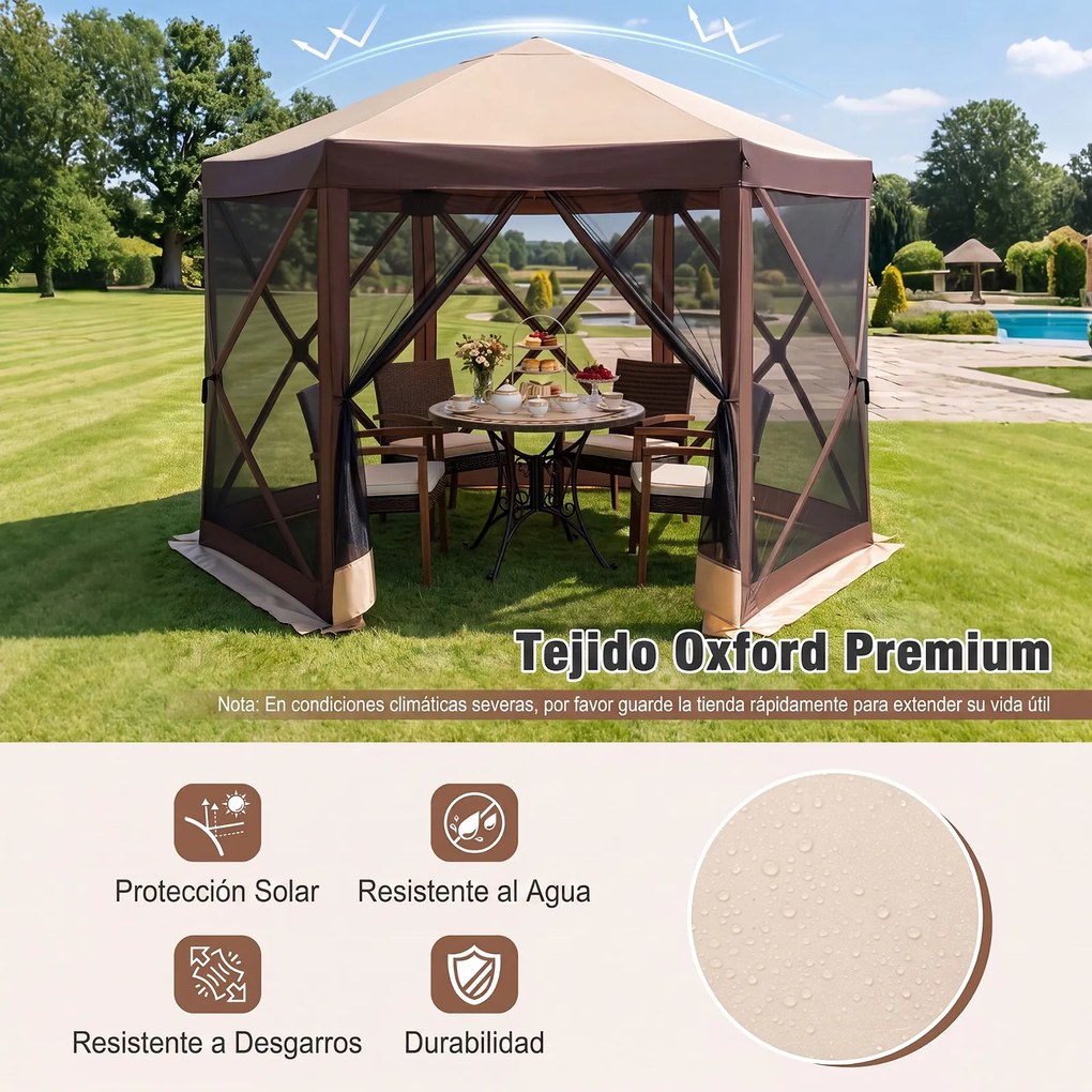 Tenda de Jardim Hexagonal Dobrável, 300 x 258 x 230 cm, Montagem Rápida, Castanho