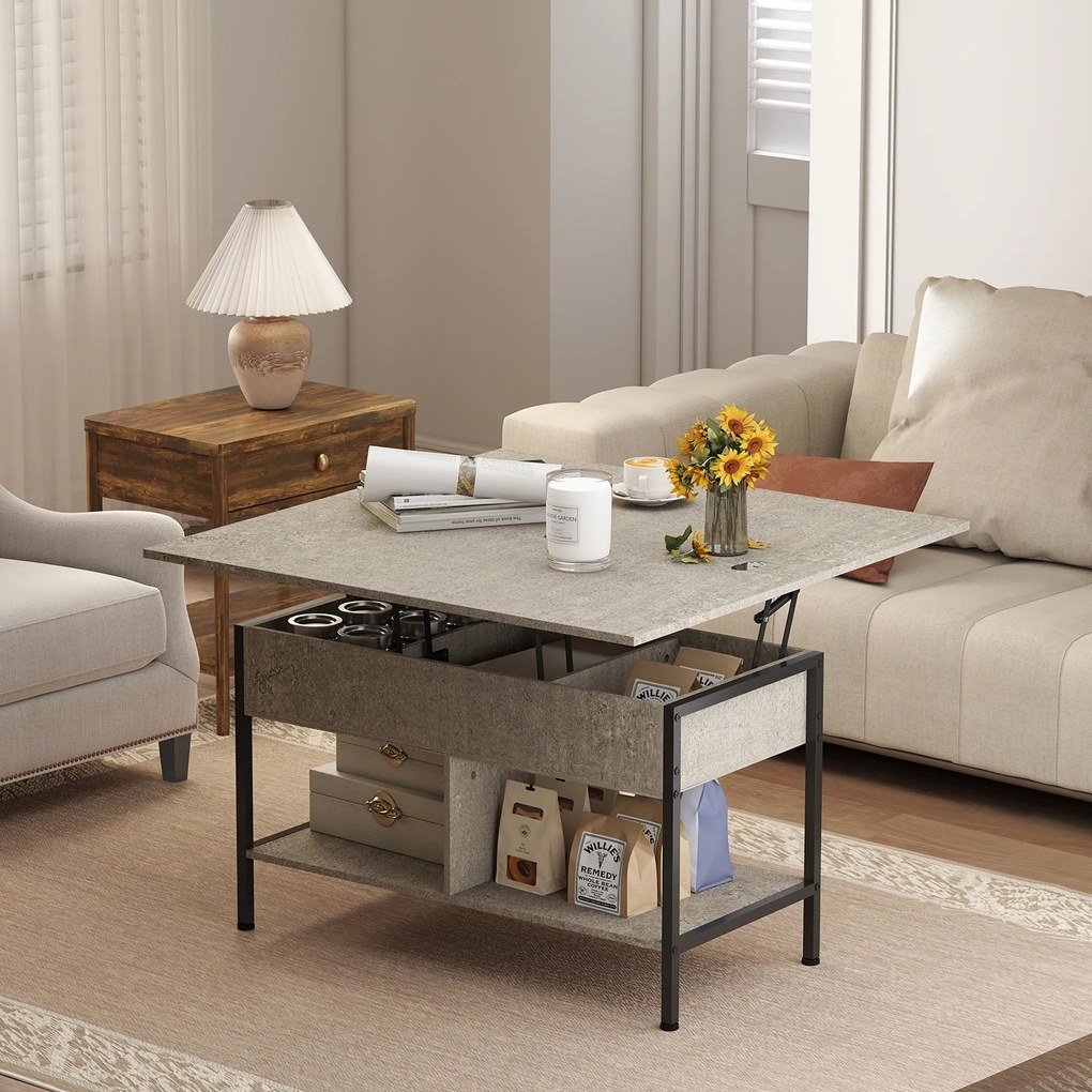 Mesa de centro elevável e extensível 98 x 49 x 55 cm,, com compartimento oculto e prateleiras abertas, cinzenta
