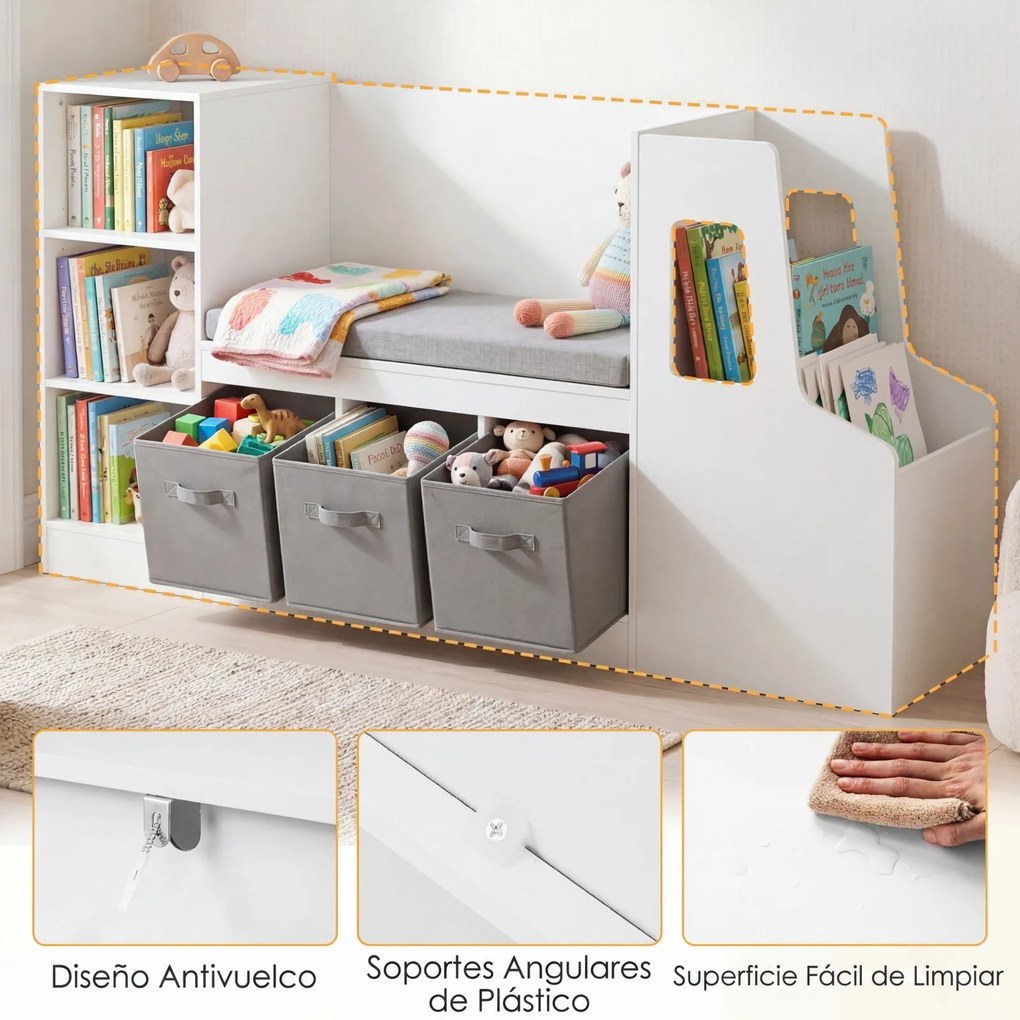 Estante Infantil em Forma de Camião com Assento, 159 x 40 x 81,5 cm, Prateleiras Reguláveis, Branco