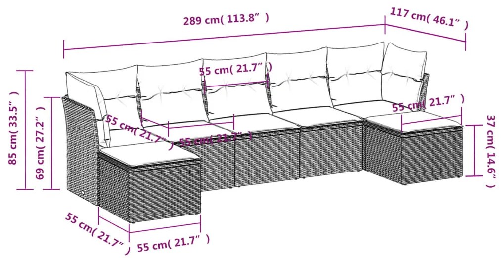 7 pcs conjunto sofás p/ jardim c/ almofadões vime PE cinzento