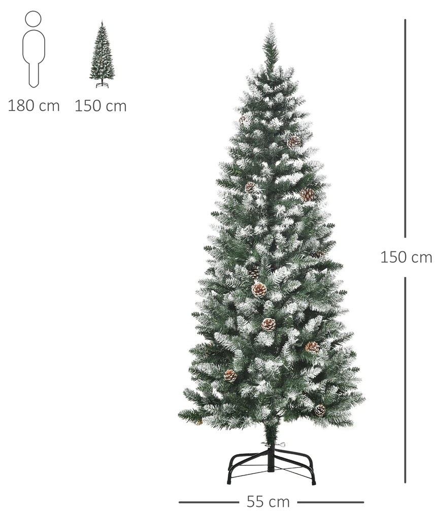 Árvore de Natal Artificial Ø55x150cm com 464 Ramas e 28 Pinhas Folhas de PVC Base Dobrável e Suporte Metálico Decoração de Natal para Interiores Verde