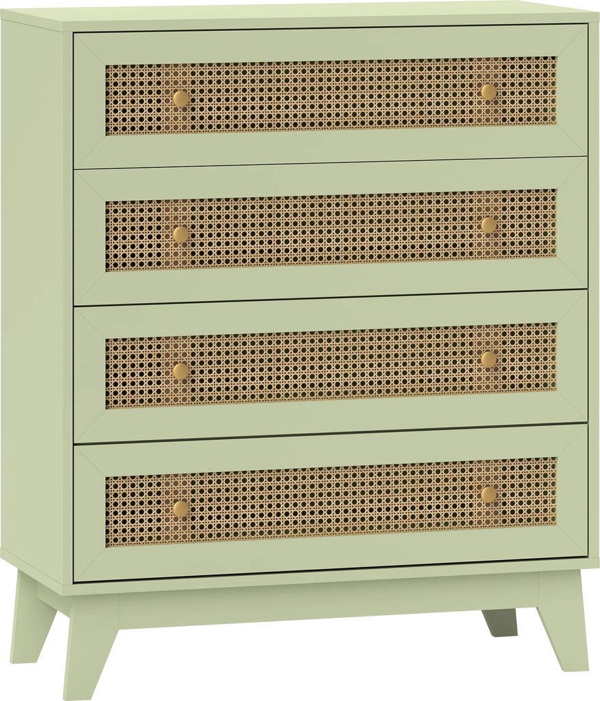 HOMCOM Cômoda 4 gavetas móvel de arrumação cannage em rattan aspeto madeira clara 80 x 35 x 95 cm verde | Aosom Portugal