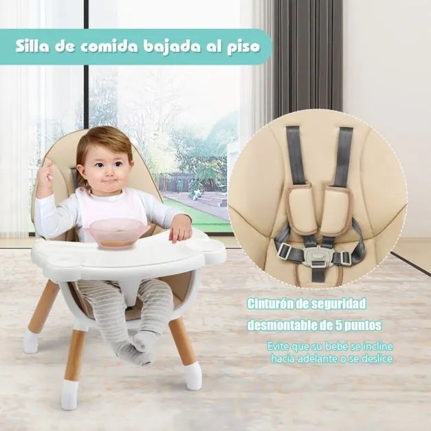 Cadeira alta refeições bebés 4 em 1 conversível em madeira com arnês de 5 pontos, bandeja removível e ajustável em 4 posições e almofada em PU cáqui