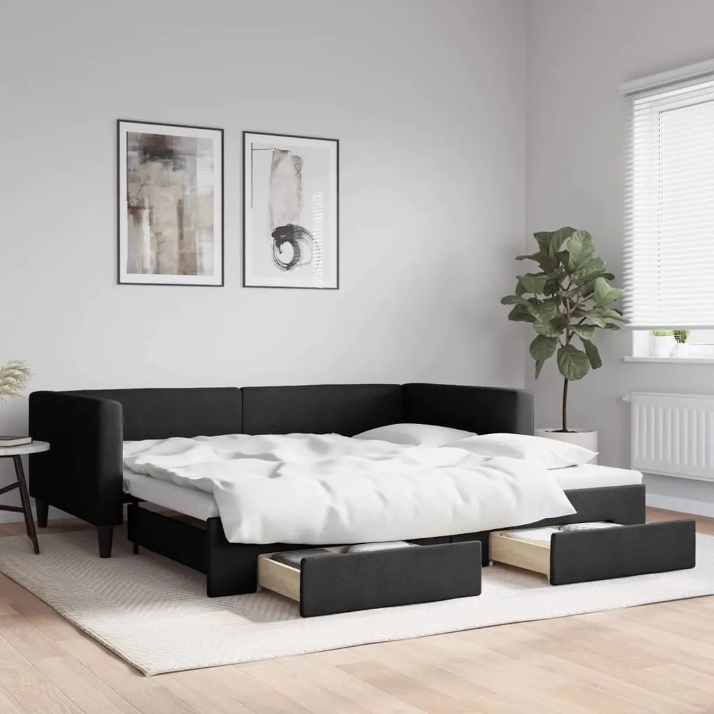 Sofá-cama com gavetão e gavetas 100x200 cm tecido preto