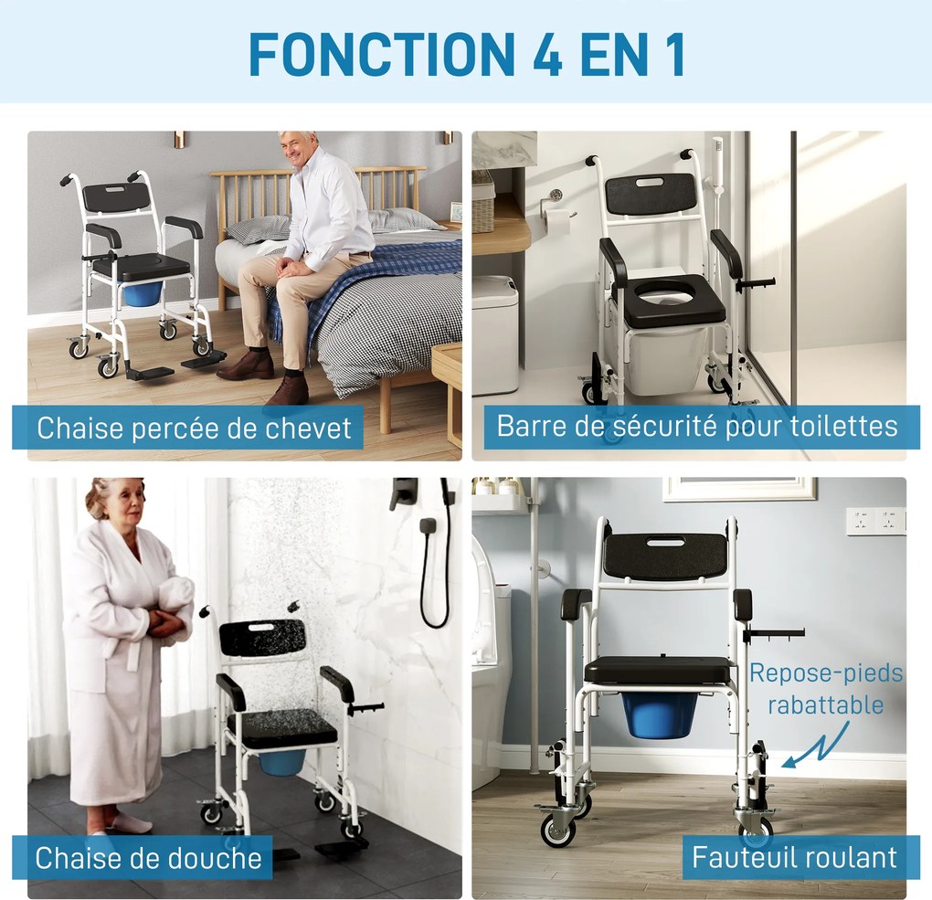 Cadeira sanitária para adultos com rodas 53 x 97 x 97 cm, cadeira sanitária para duche com apoio para os pés, encosto e braços, preta