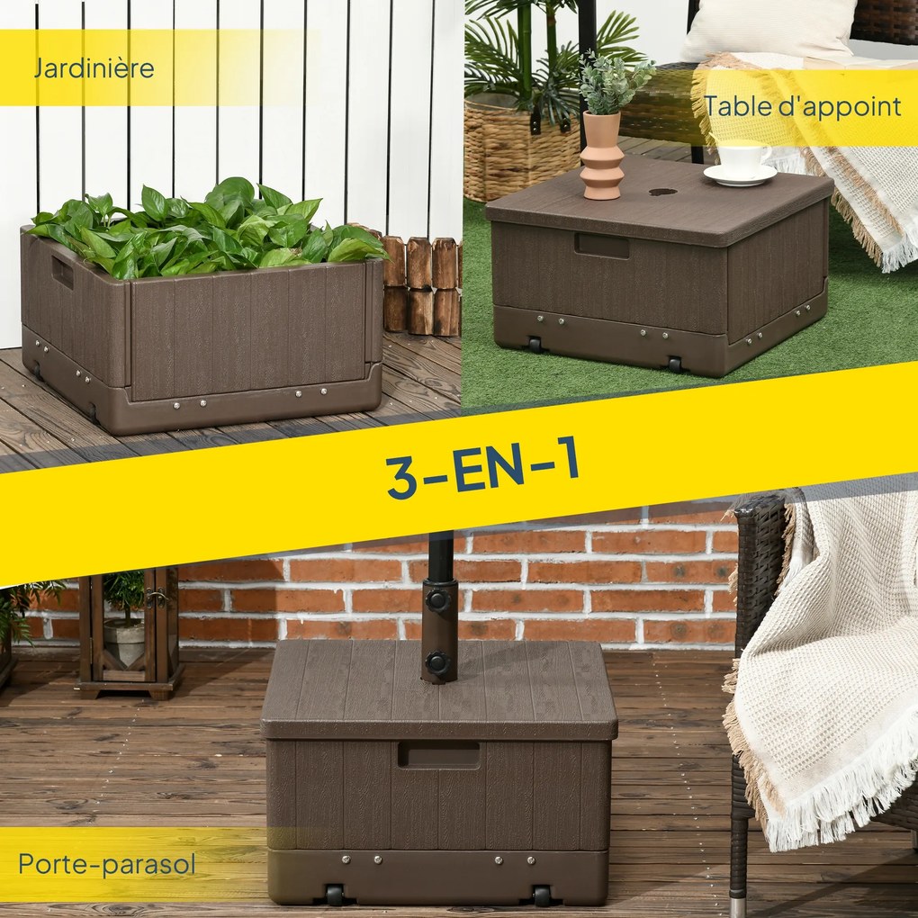 Base de peso para guarda-sol, mesa auxiliar, floreira com drenagem 53 x 53 x 47 cm DESIGN 3 EM 1, rodas, pegas em PE e metal castanho