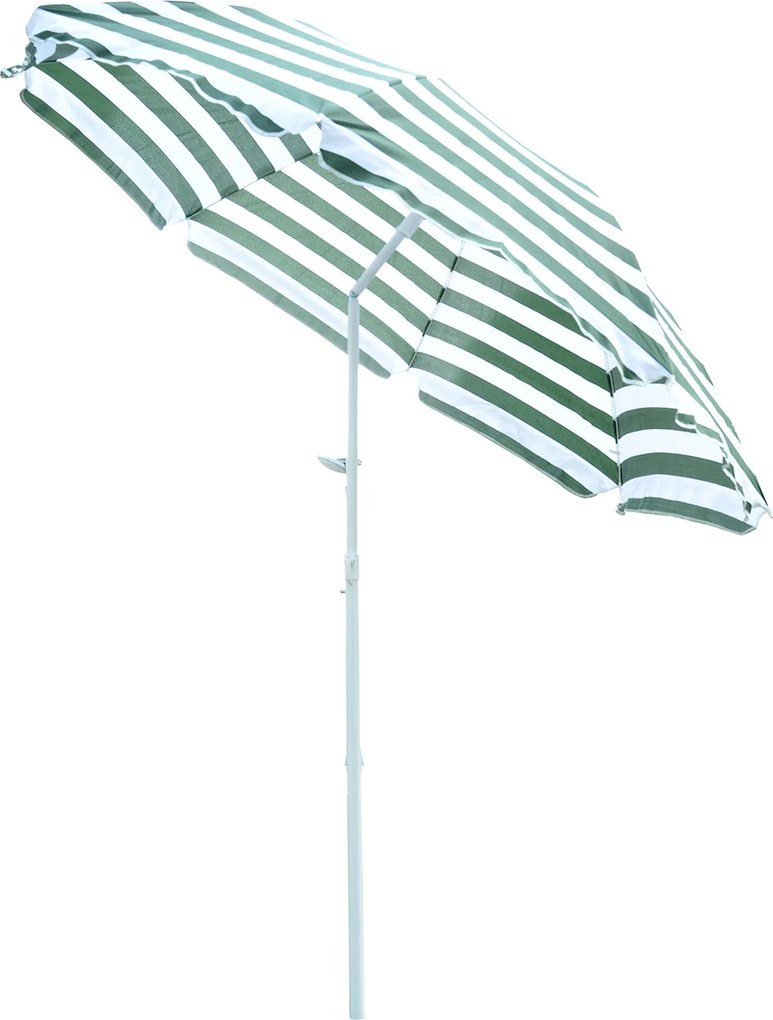 Chapéu de Sol de Praia Ø180cm com Teto Inclinável e Mastro de Metal Proteção Solar para Jardim Terraço Exterior Listras Verdes e Branco