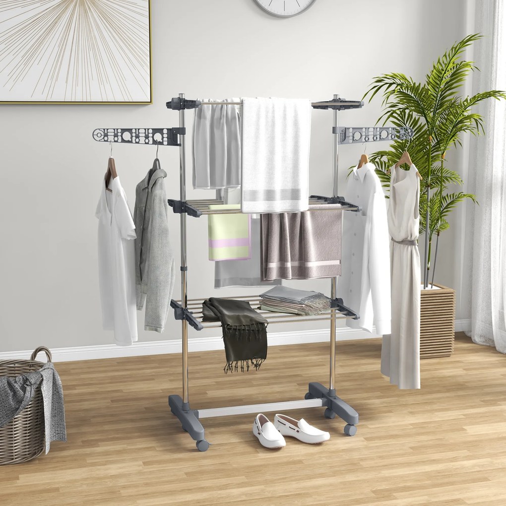Estendal de roupa dobrável com abas laterais, para uso interior e exterior, 3 níveis, 142 x 55 x 152 cm, cinzento