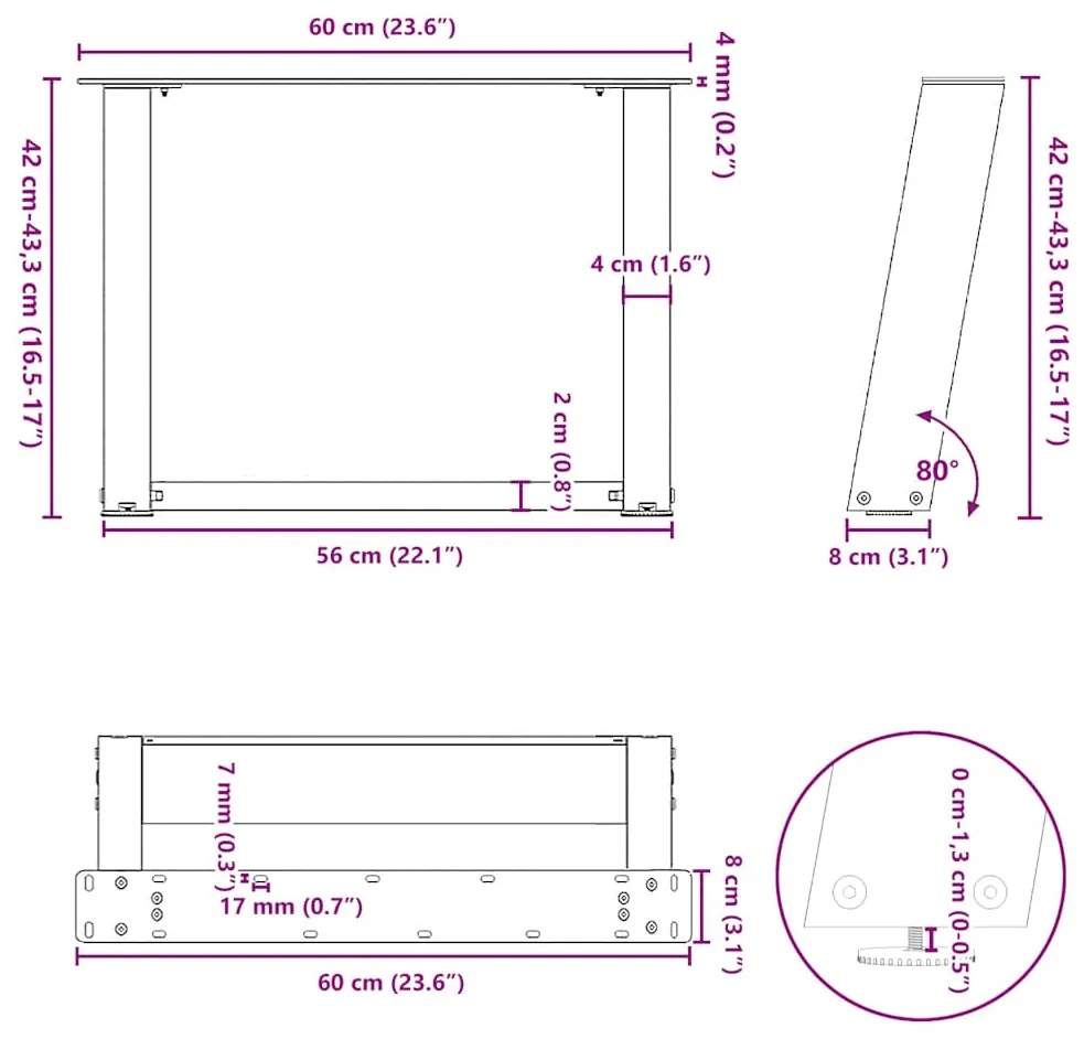 Pés para mesa de centro em formato de U, 2 peças, branco, 60x (42-43)
