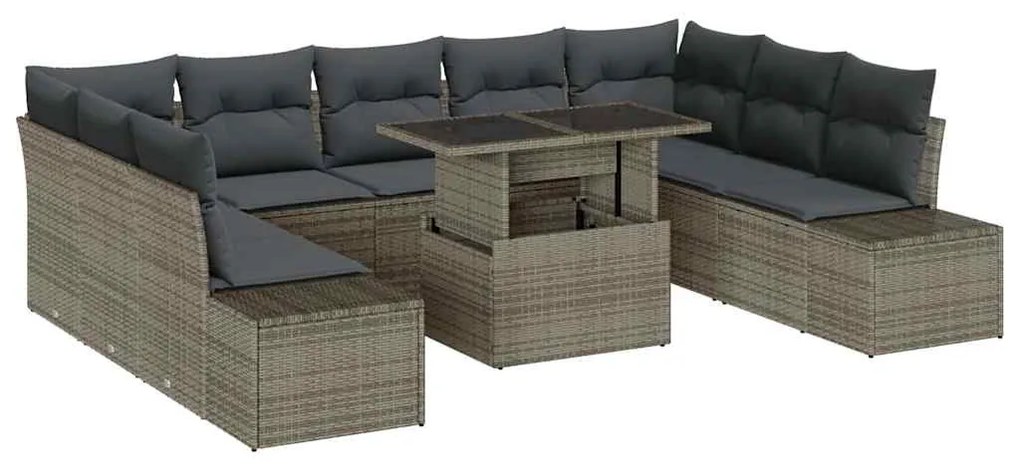 Conjunto de Sofás de Jardim com 10 peças e almofadas cinzas em rattan