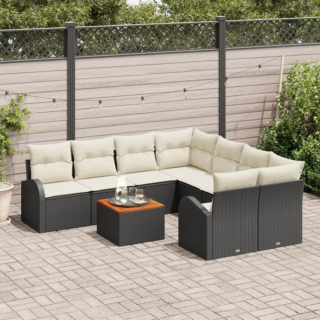 Conjunto de Sofás de Jardim vidaXL de 9 Peças com Almofadas Preto Poli