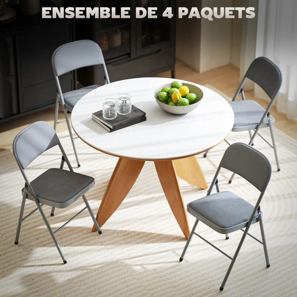 Conjunto de 4 cadeiras dobráveis e portáteis para interior (MESA NÃO INCLUIDA), com assentos e encostos estofados em veludo, estrutura em aço, cinzent