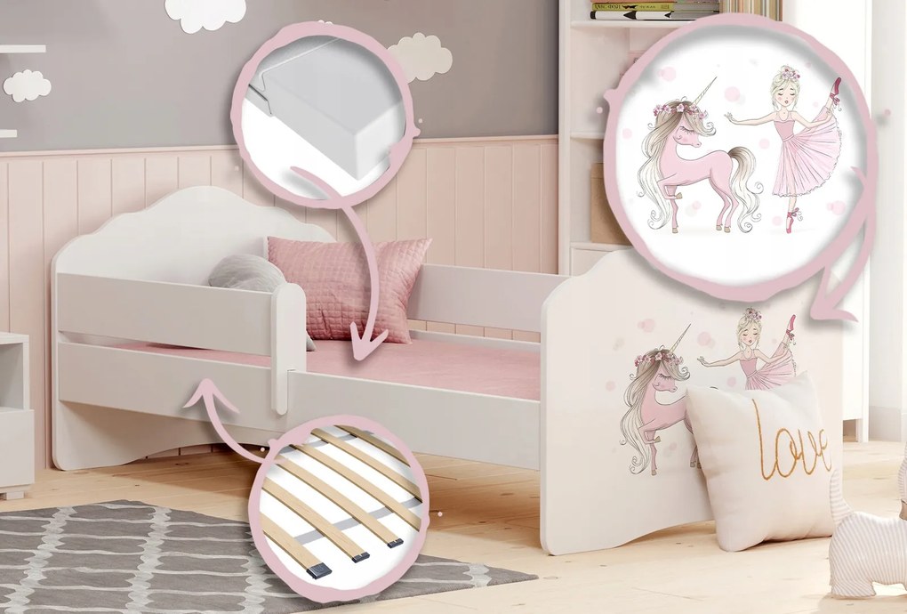Cama infantil FALA unicórnio e princesa 140x70 com grade branca - colchão e estrado incluído