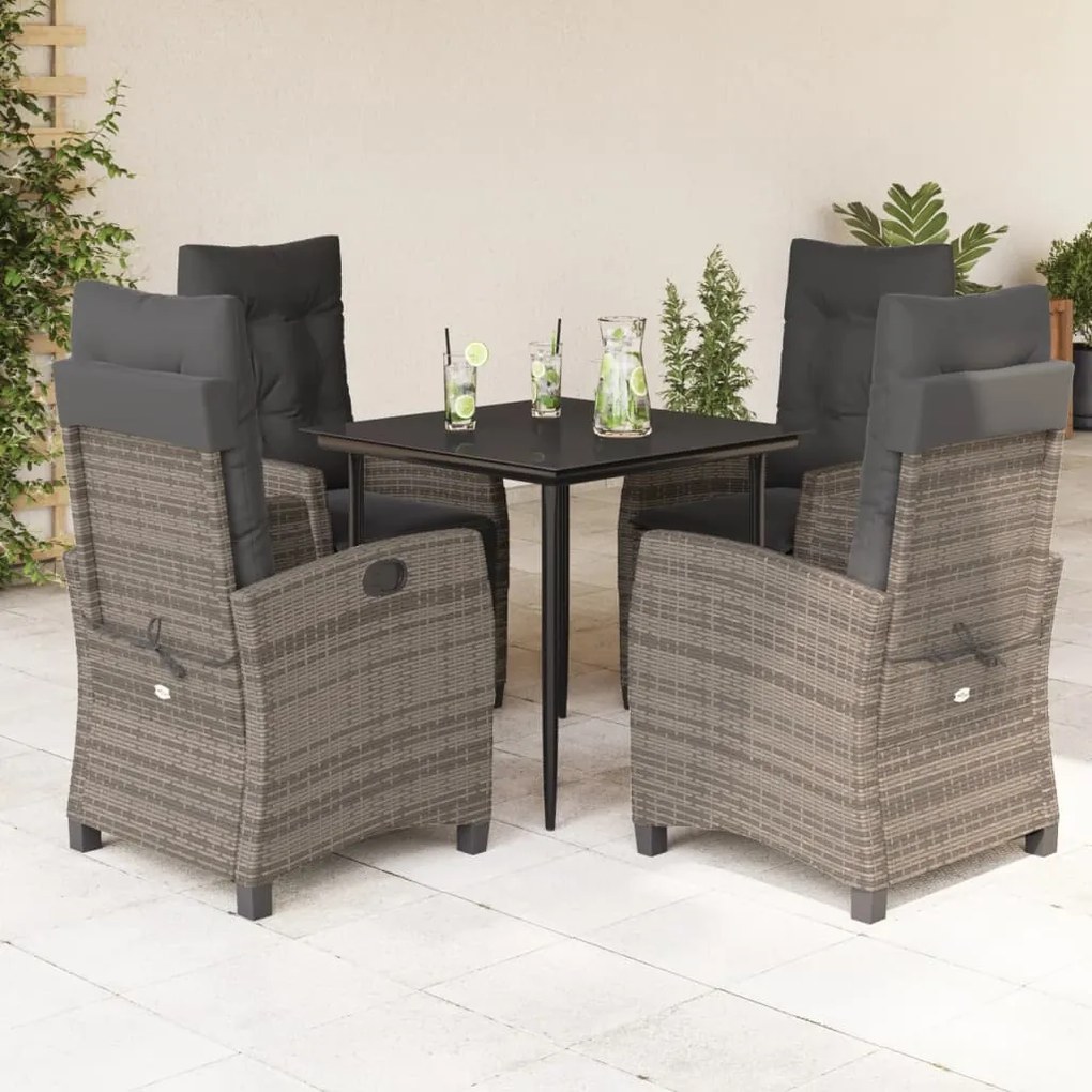 5 pcs conjunto de jantar p/ jardim c/ almofadões vime PE cinza