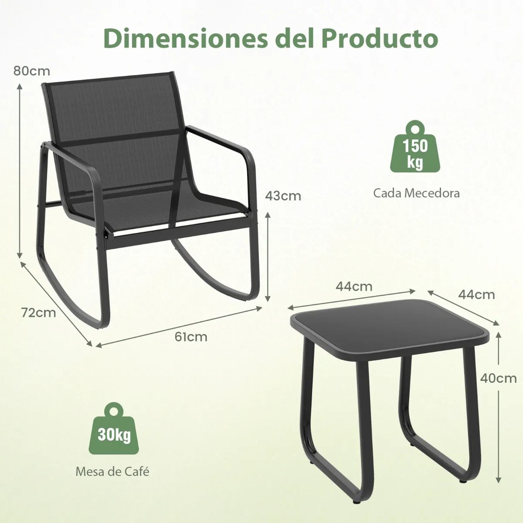 Conjunto jardim bistrô com 2 cadeiras de baloiço mesa com tampo de vidro para jardim exterior e varanda Preto