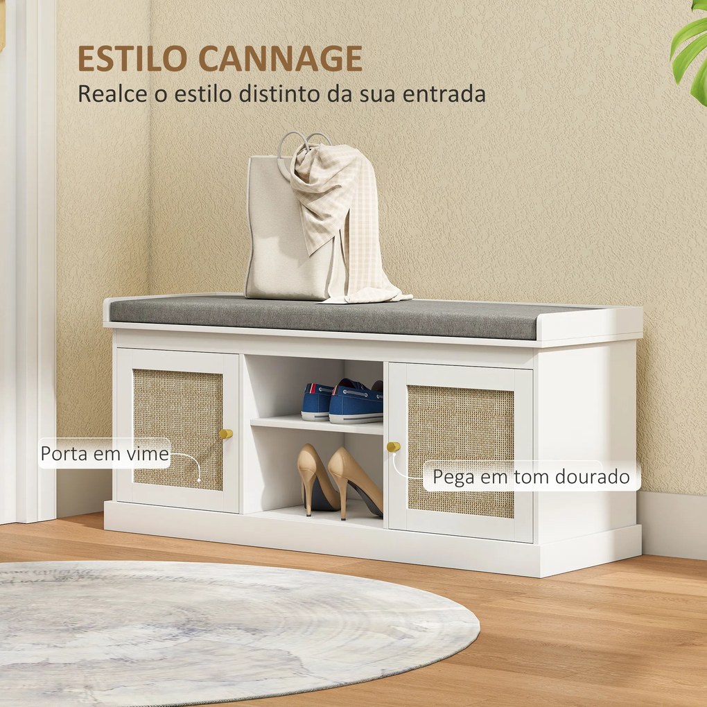 Banco Sapateira com Assento Acolchoado Portas em Vime e Prateleira Aberta para 9 Pares de Sapatos 105x35x47 cm Branco