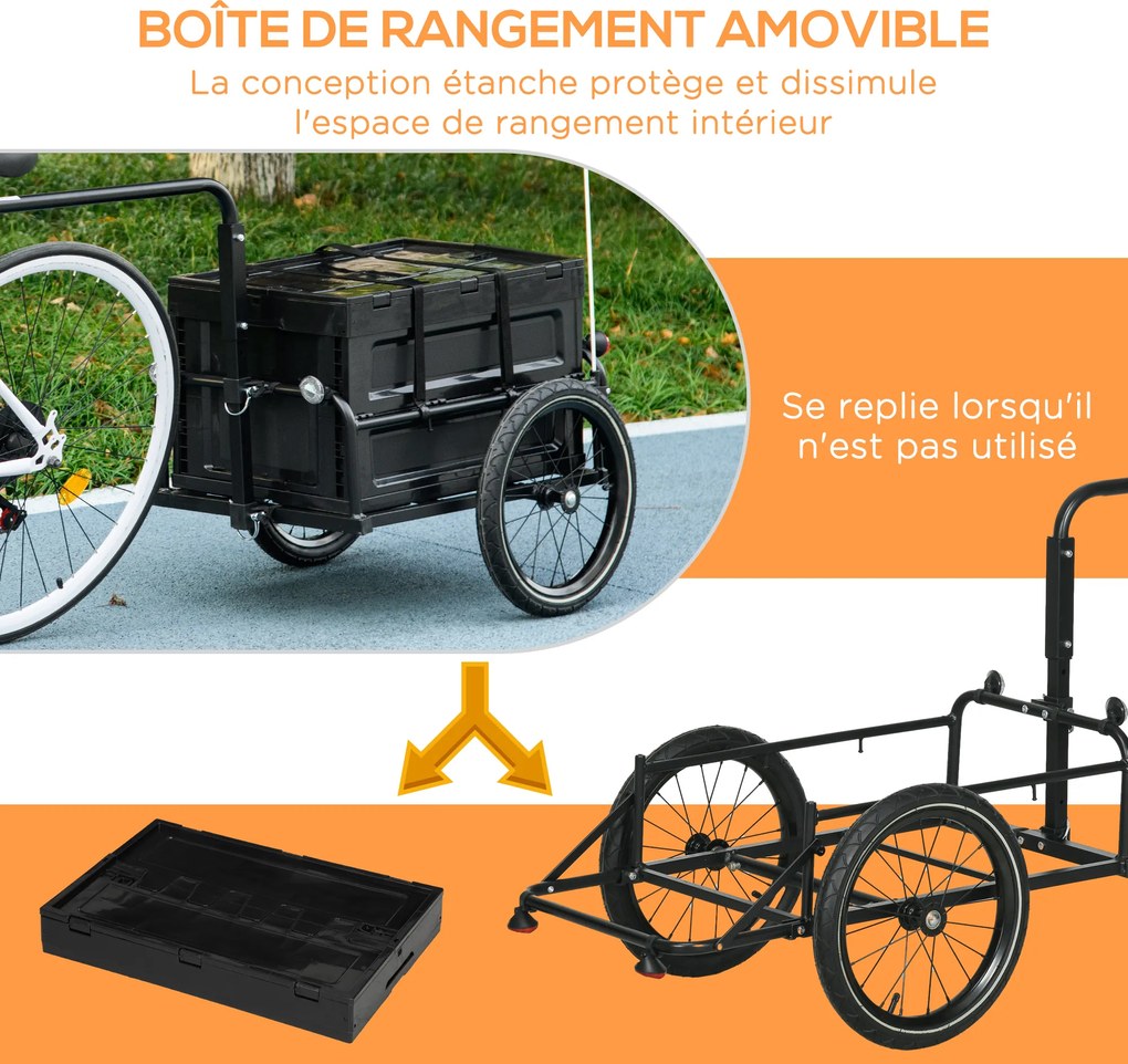 Reboque para bicicleta com caixa de arrumação removível e dobrável de 65 L, refletores de segurança, carga máxima de 40 kg, preto