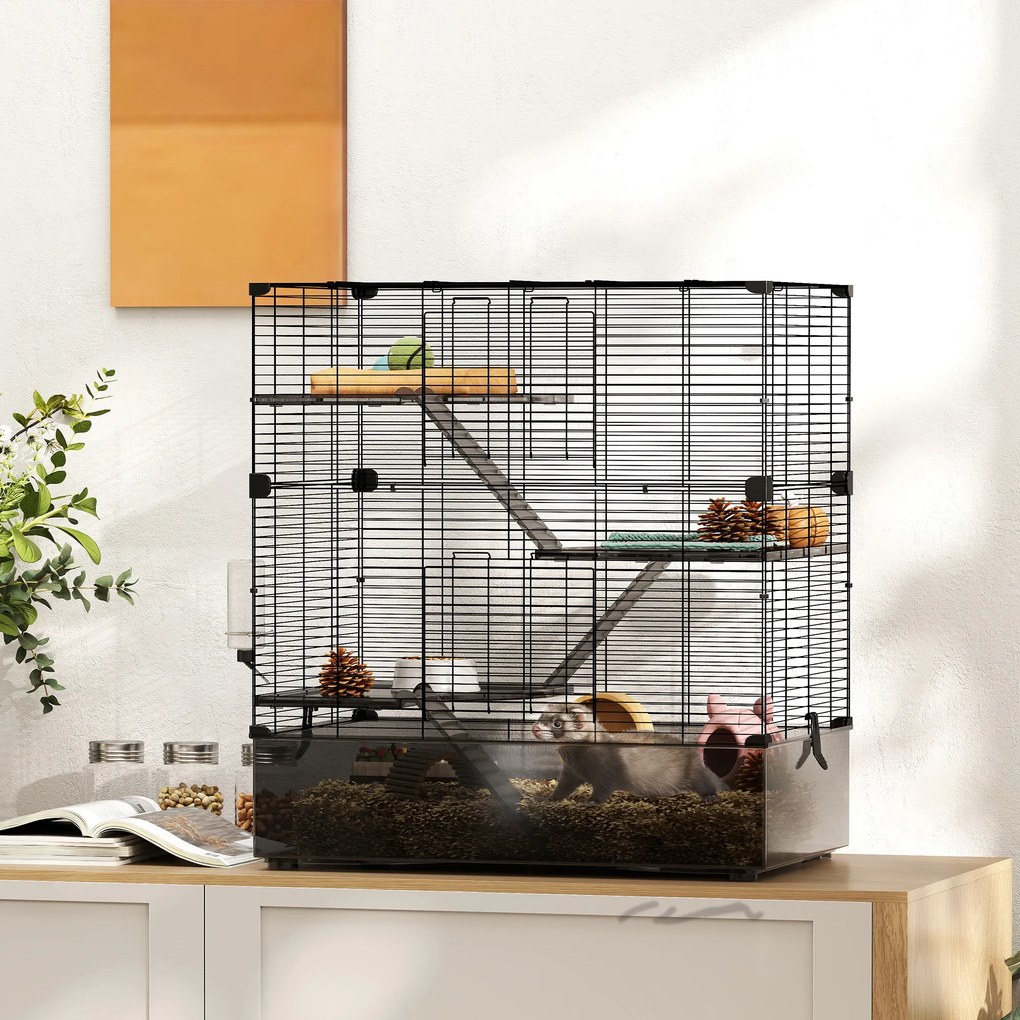 Gaiola para Pequenos Animais de 4 Níveis com Bandeja Inferior Gaiola para Roedores com Rampas Comedouro e Bebedouro 73x47x80 cm Preto