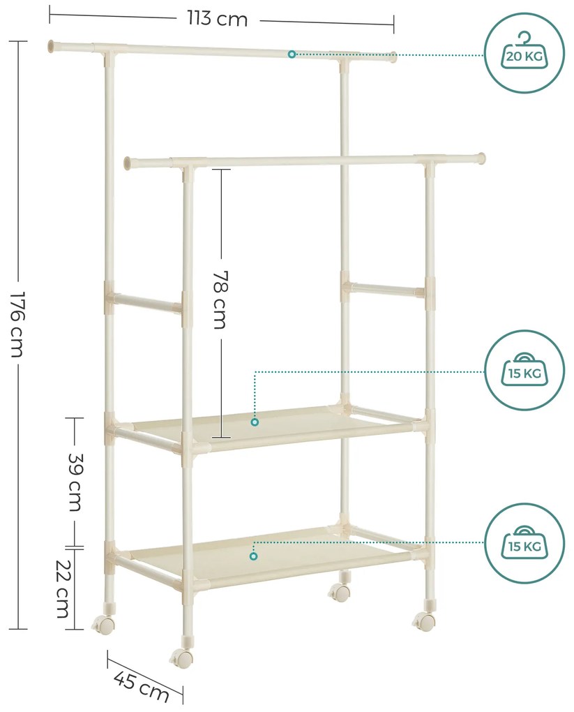 Cabide Guarda Roupa com 2 varões para roupa em metal 113 x 45 x 176 cm branco