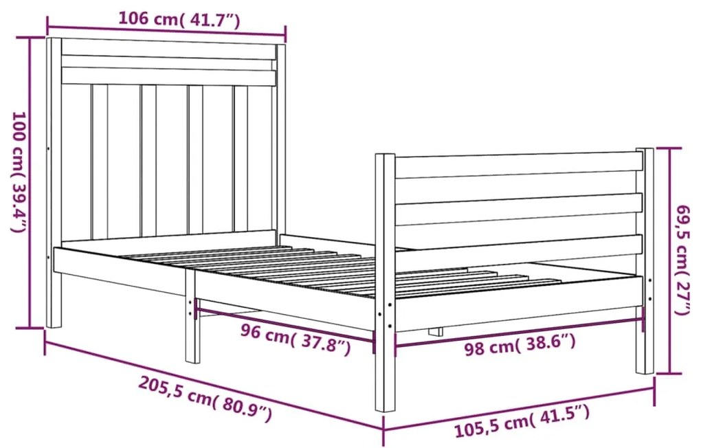 Estrutura de cama 100x200 cm madeira maciço