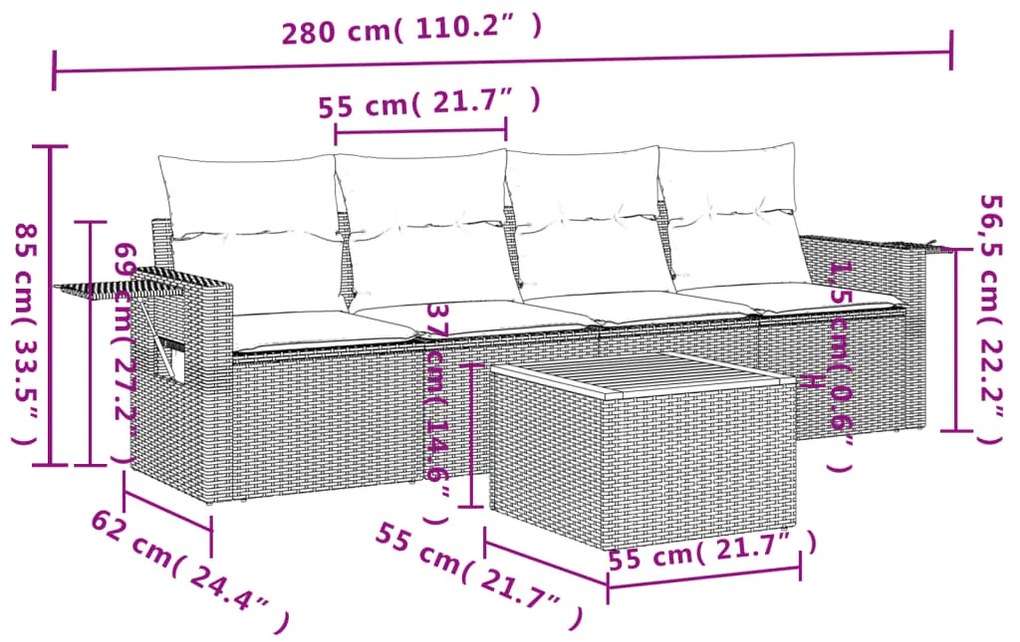 5 pcs conjunto de sofás p/ jardim com almofadões vime PE bege