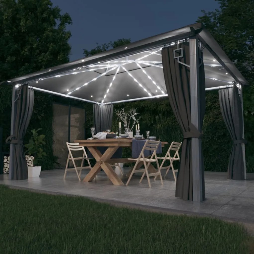 Gazebo c/ cortinas e cordões luzes LED 4x3 m alumínio antracite